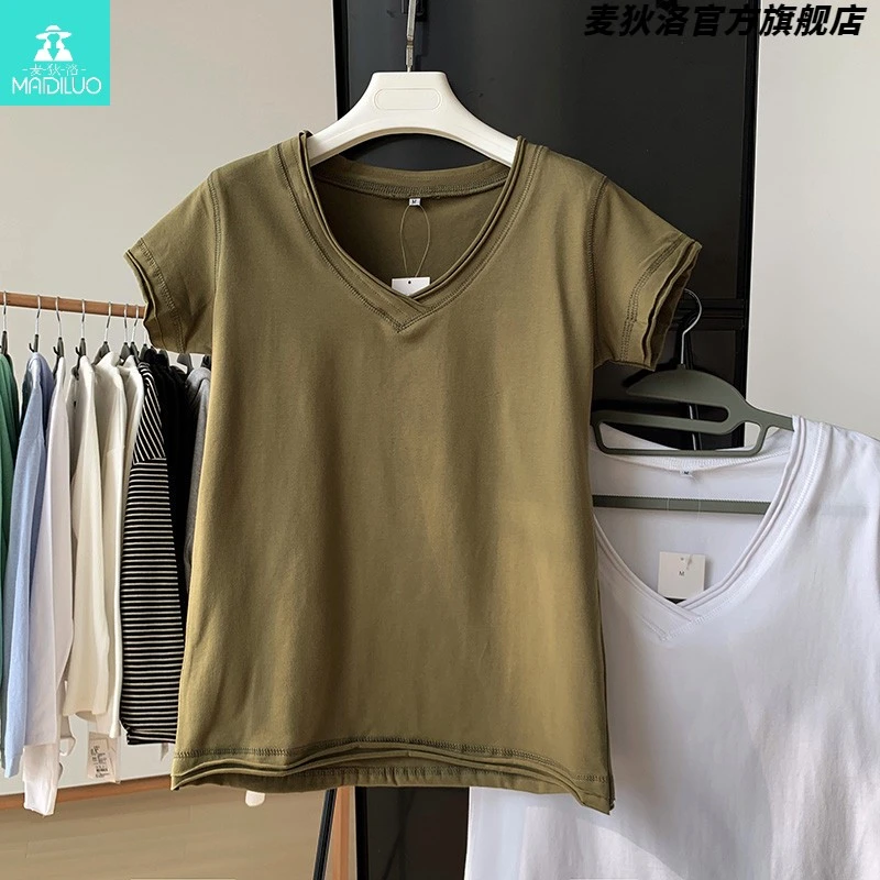 橄榄绿女质短袖V领T恤女韩版休闲双层卷边百搭修身显白基础上衣女