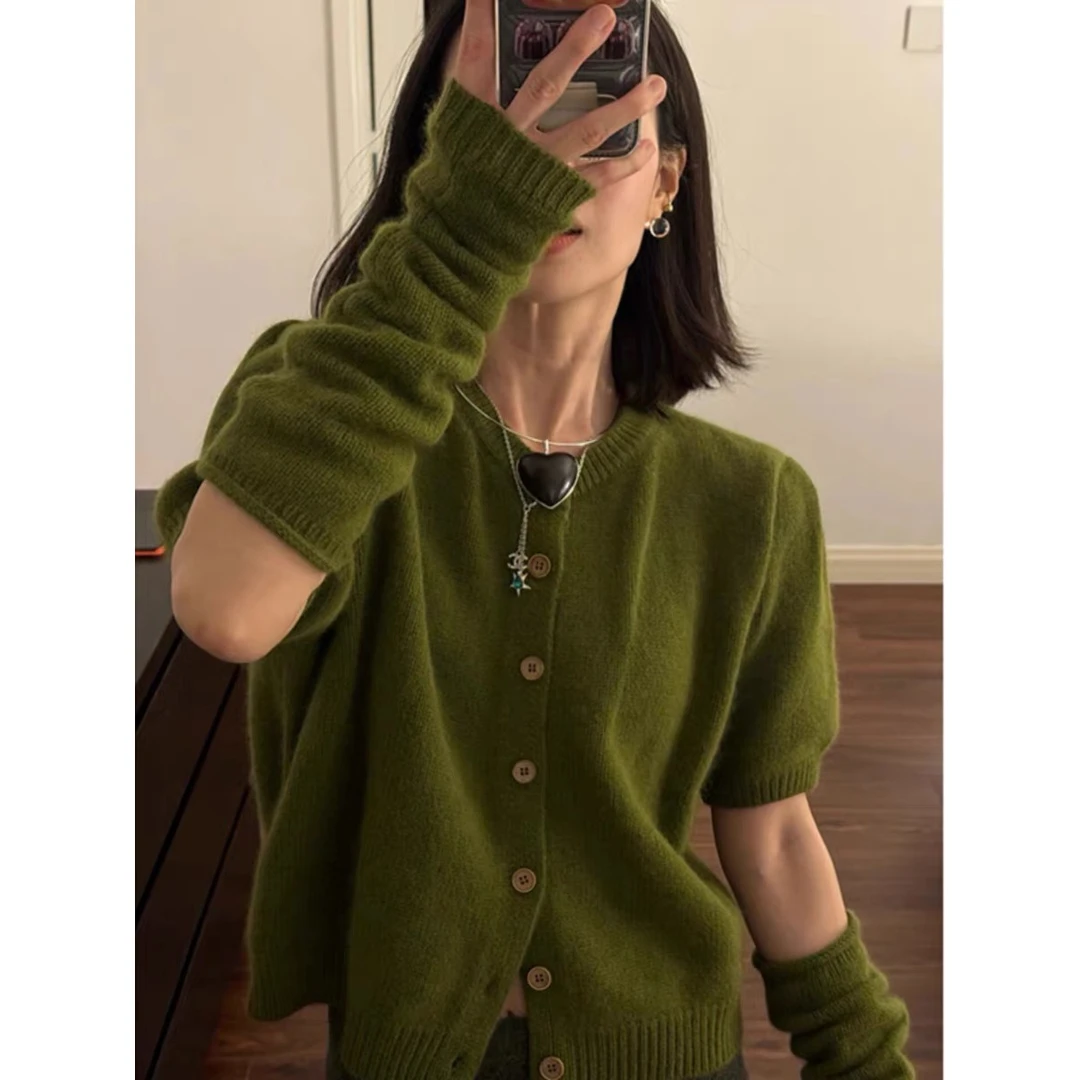 /森林绿短袖/休闲风春季新款通勤百搭纯色针织开衫上衣女93036