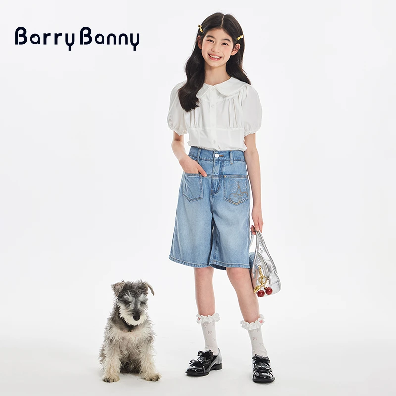 BarryBanny潮牌童装洋气小女孩女童宽松时尚五分休闲牛仔裤娃娃衫