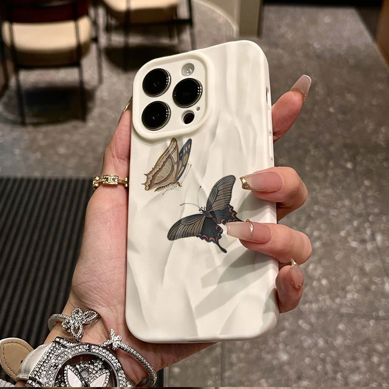 新中式暮蝶适用iphone16苹果15pro手机壳14plus褶皱13磨砂12软11