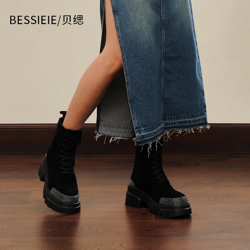 【风生二姐专属】BESSIEIE/贝缌 镶珠系带加绒马丁靴中筒靴反绒皮