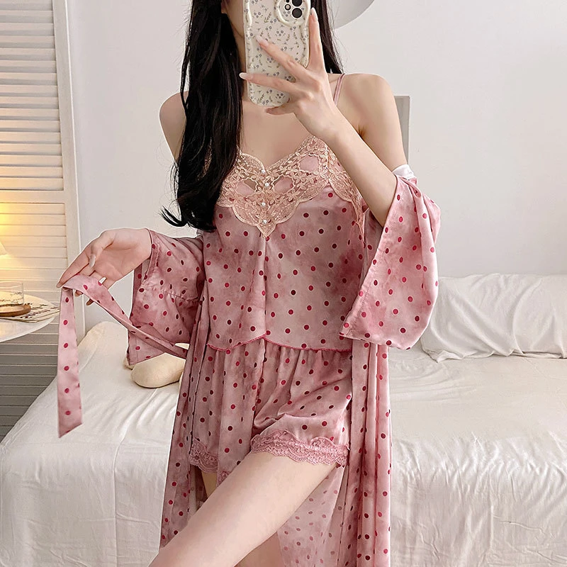 【波点套装】睡衣女春夏季纯欲带胸垫波点冰丝吊带短裤长袖睡袍套装