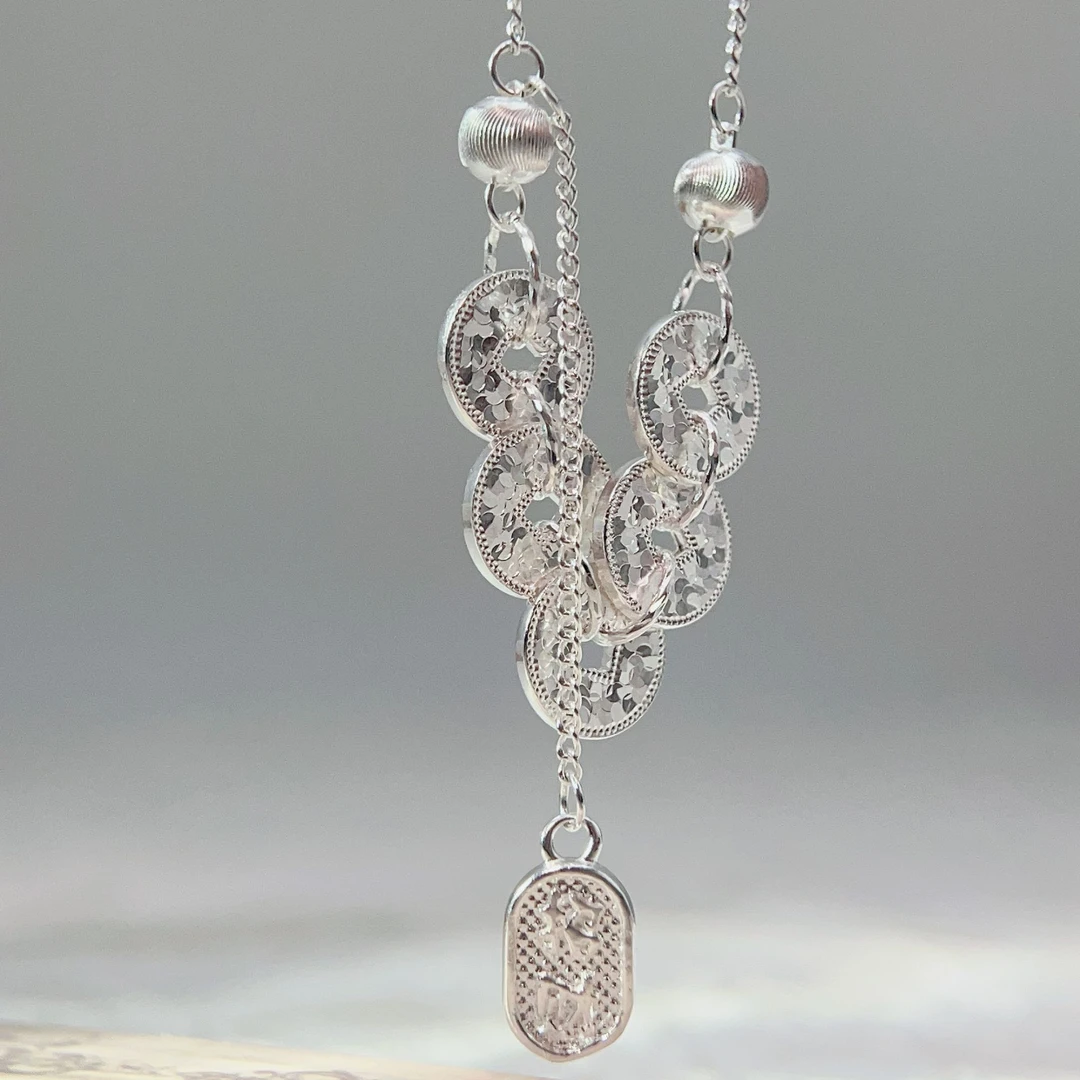 坠链均足银 足银【黔艺银阁】纯手工足银碎碎冰五帝钱气质项链