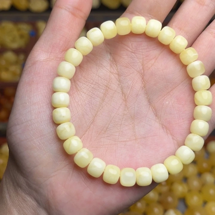 蜜蜡未镶嵌珠宝奇石167-天然蜜蜡新蜡满蜡白老型手串微微瑕