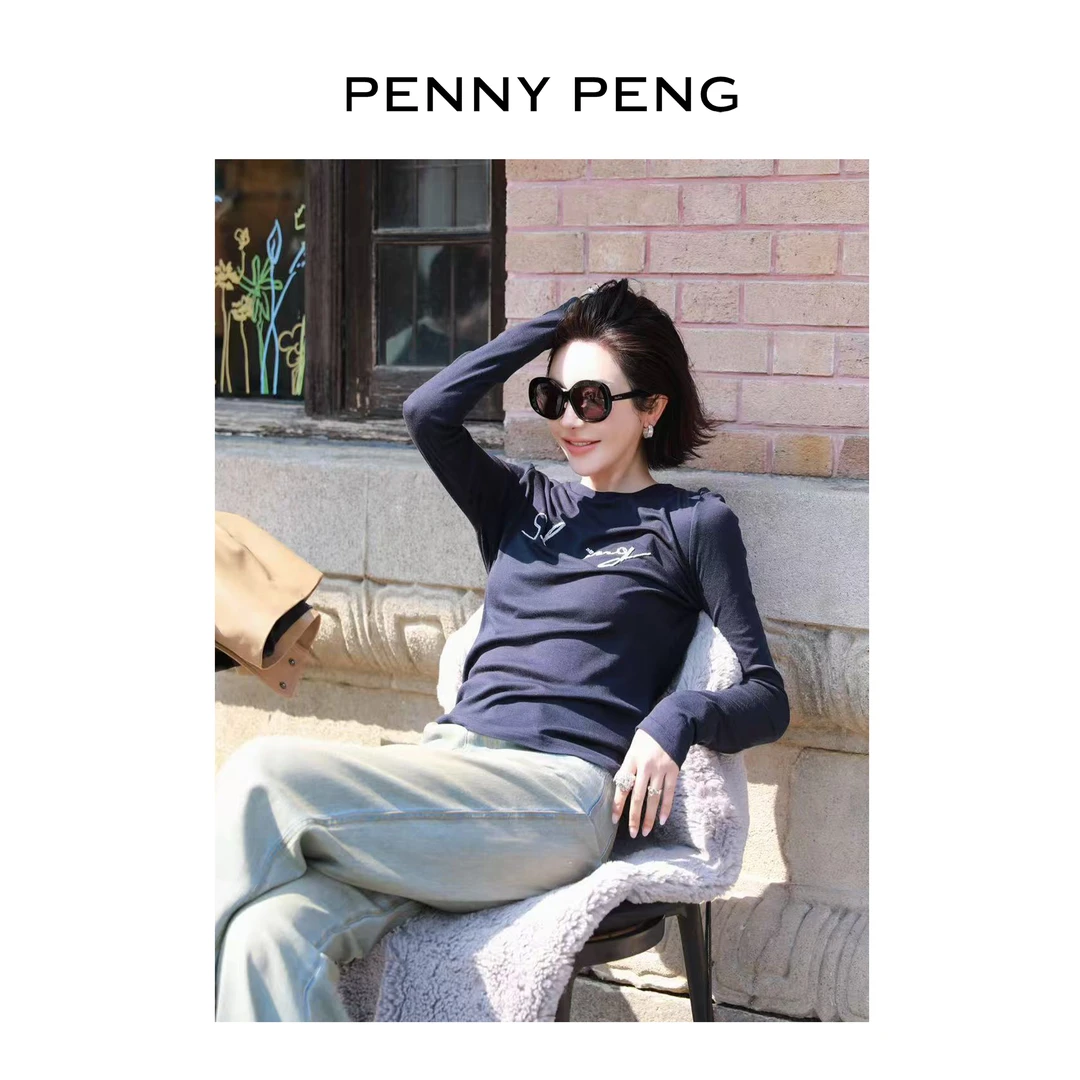 PENNYPENG舒适公约春游出行洋气休闲印花百搭深蓝色圆领字母上衣