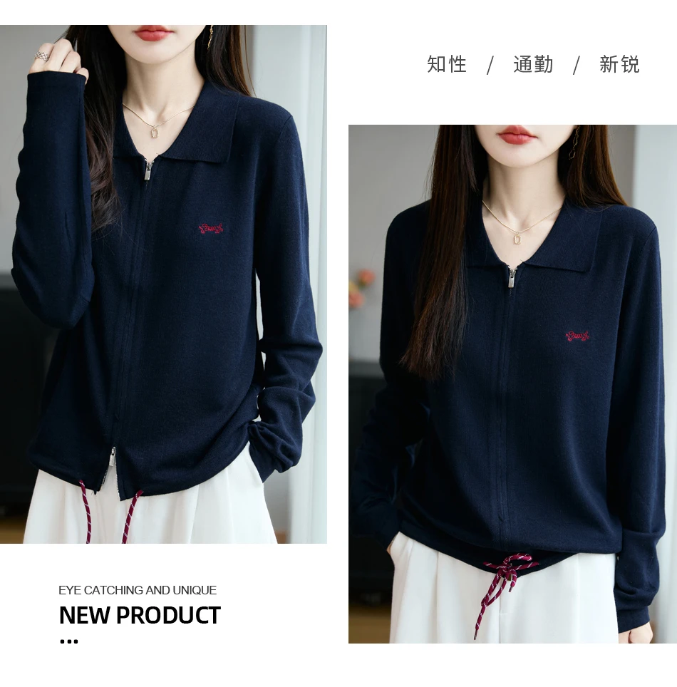 秋冬25新款拉链polo毛针织衫翻领女开衫半开领秋季女士针织衫时尚