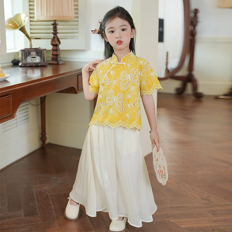 80661A女童套装国风旗袍衫短袖上衣新款儿童网纱阔腿裤古风童装夏