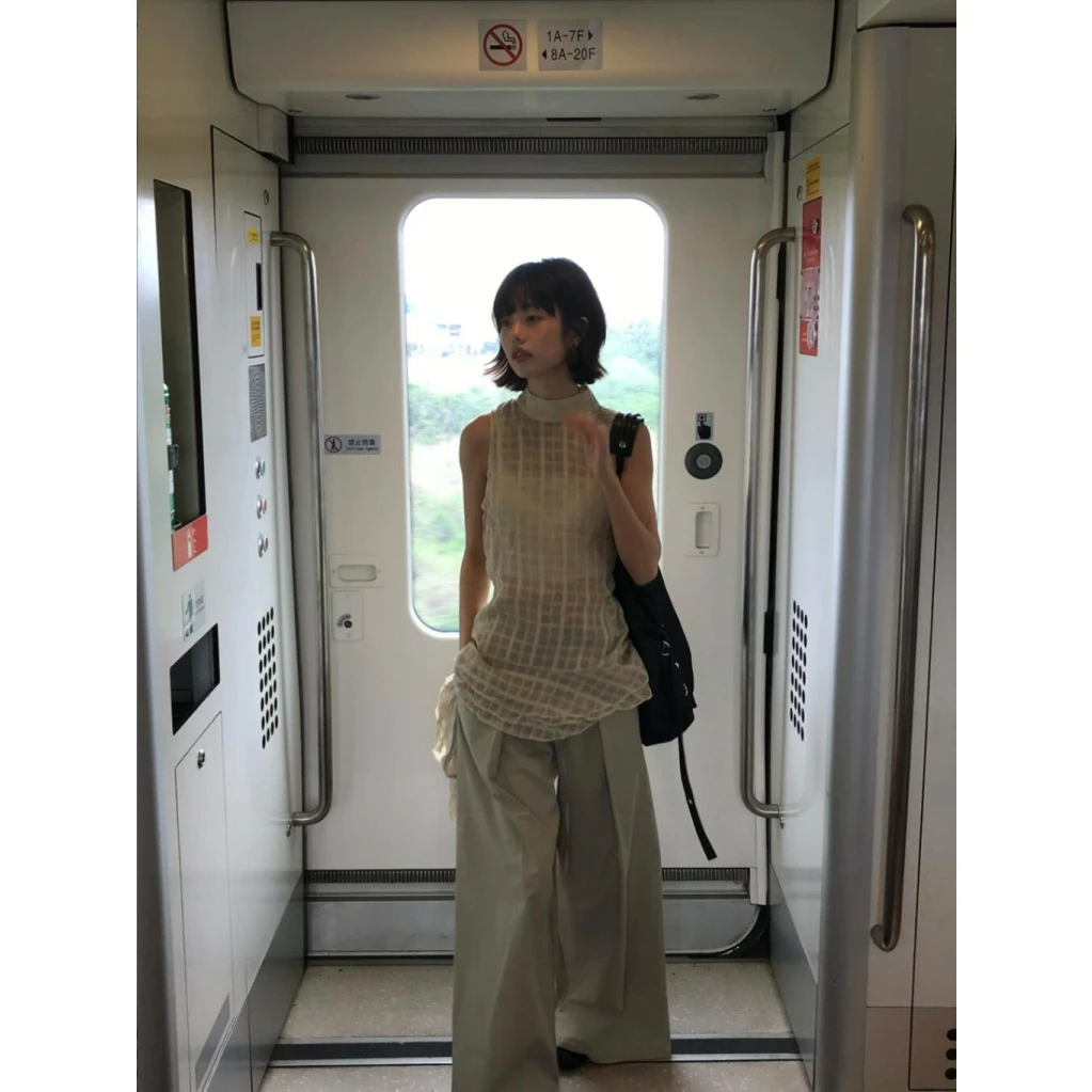 MARIE.COCO韩系松弛感薄款微透格纹高领背心上衣女阔腿休闲裤套装