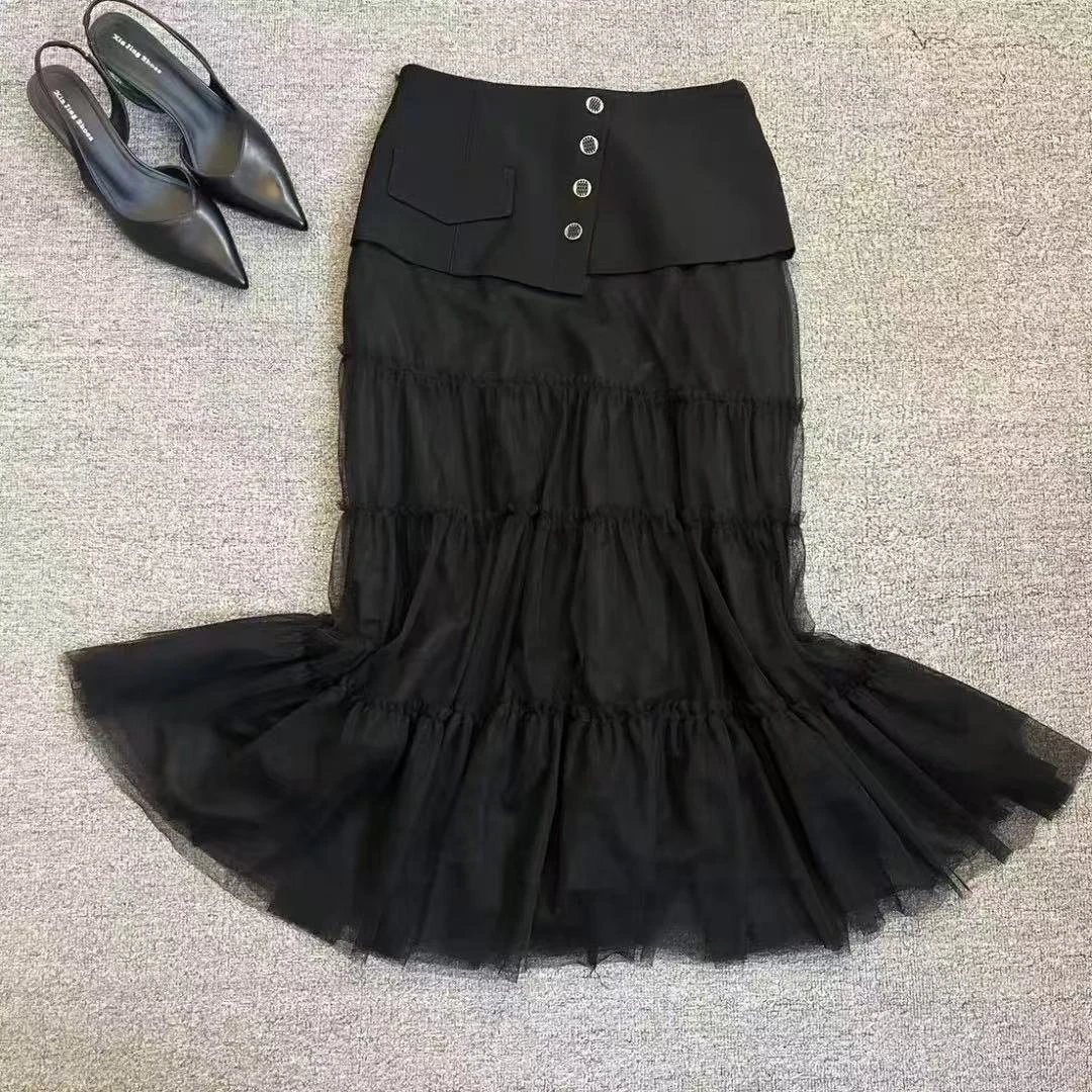 A字裙X型长裙高腰纯色拼接半身裙女装夏季女士褶皱黑色鱼尾裙