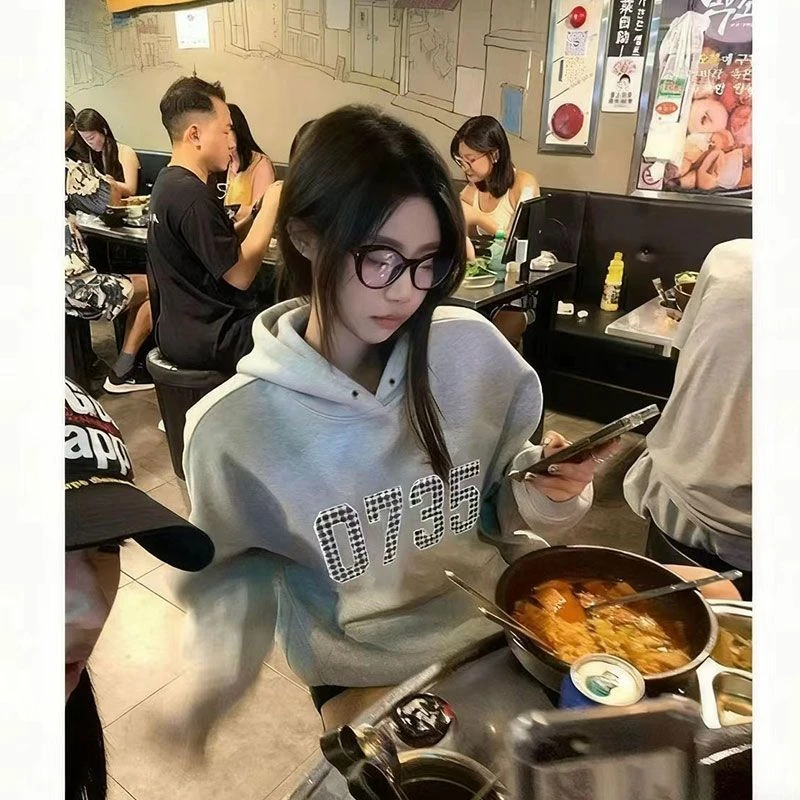 贴布刺绣美式复古连帽卫衣女秋冬加绒小众宽松休闲学院风外套上衣