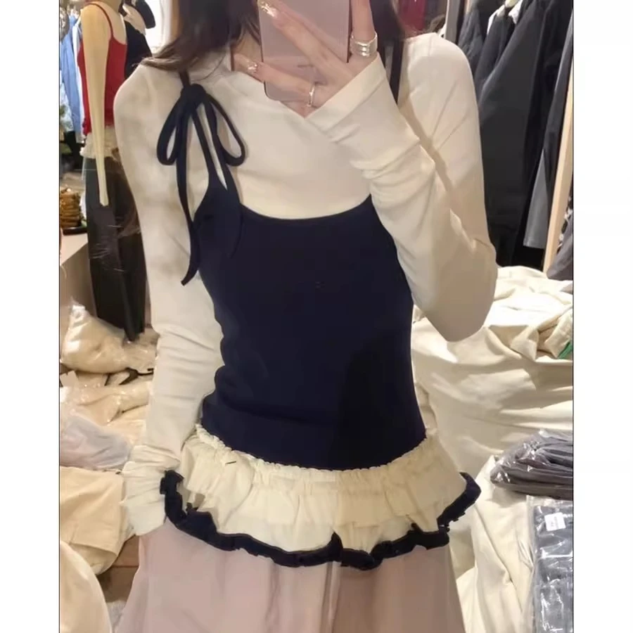 韩系假两件吊带拼接T恤女外穿早春2025新款修身长袖花边裙摆上衣