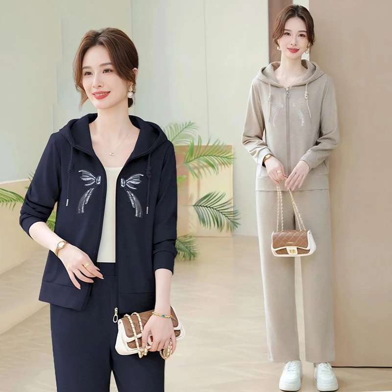 中年女春秋休闲运动服套装新款中老年妈妈春装连帽外套上衣两件套