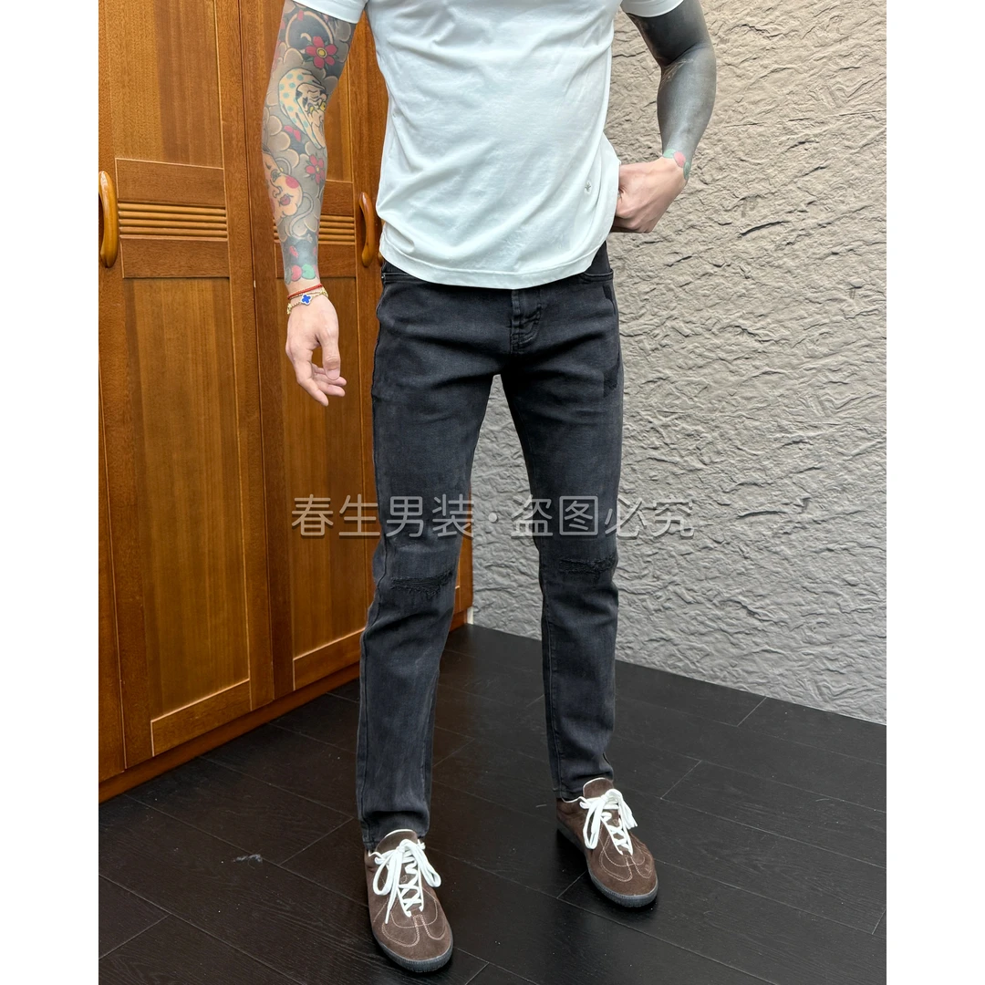 2025秋冬新品时尚休闲百搭刀割黑灰色小脚修身牛仔裤2007