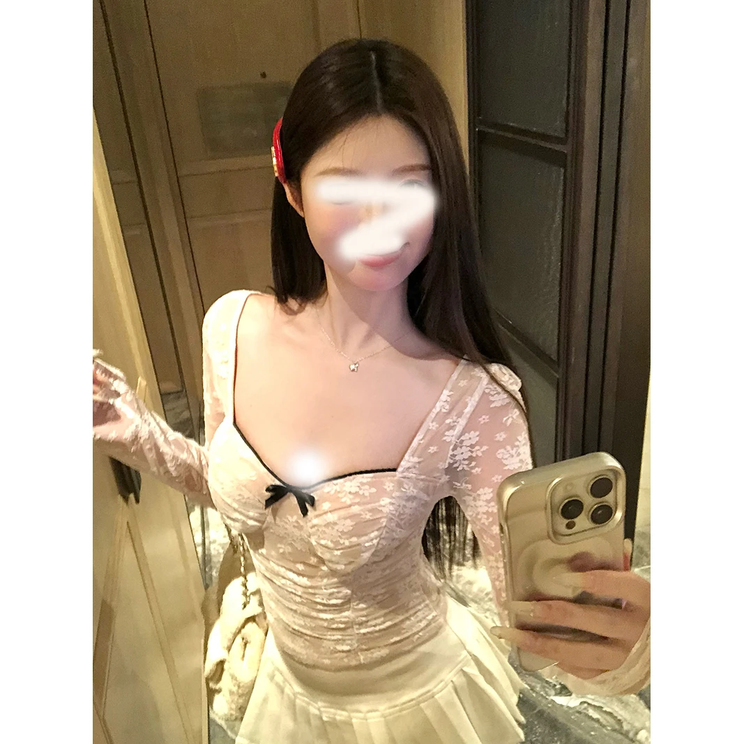 蝴蝶结蕾丝长袖T恤女春秋带胸垫修身内搭纯欲显瘦短款打底衫上衣