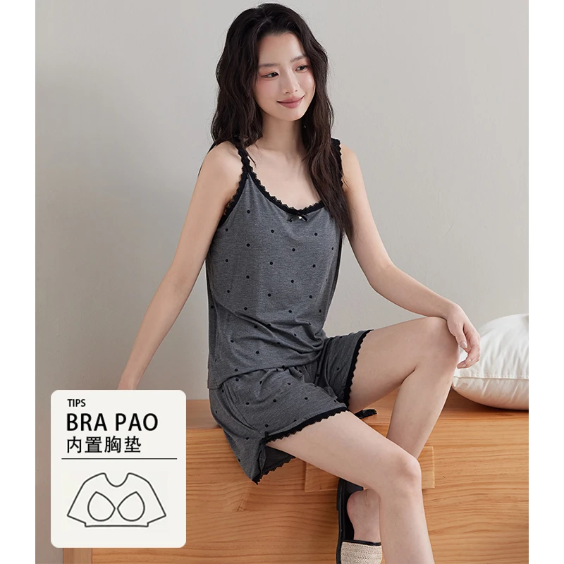 莫代尔带胸垫可外穿吊带短裤睡衣女款夏季甜美纯欲波点蕾丝家居服