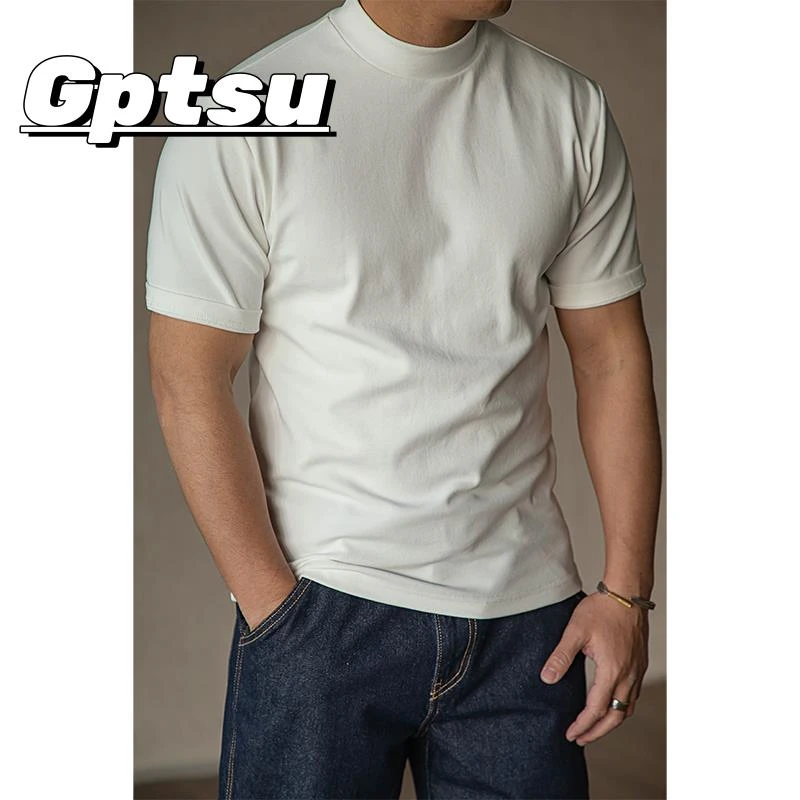 GPTSu美式复古重磅弹力棉半高领半袖t恤短袖打底衫修身内搭男夏季