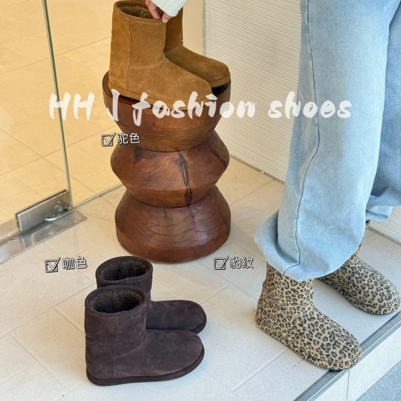 厚底豹纹套筒雪地靴女2025冬季新款勃肯短靴加绒加厚真皮保暖棉鞋