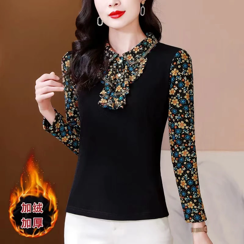 6991秋冬加绒加厚打底衫新款时尚半高领印花气质外穿上衣