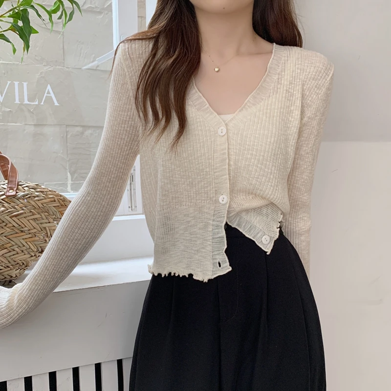 时尚高级小众韩版V领木耳边设计感薄款防晒百搭针织长袖开衫上衣
