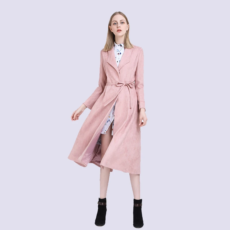 鹿皮绒长款修身型时尚大衣女士气质系带宽松女装粉色卡其黑色