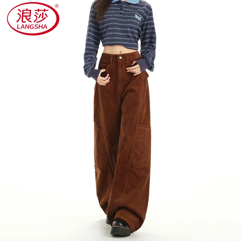 秋冬美拉德风棕色阔腿裤女装2025新款灯芯绒休闲垂感通勤直筒裤子