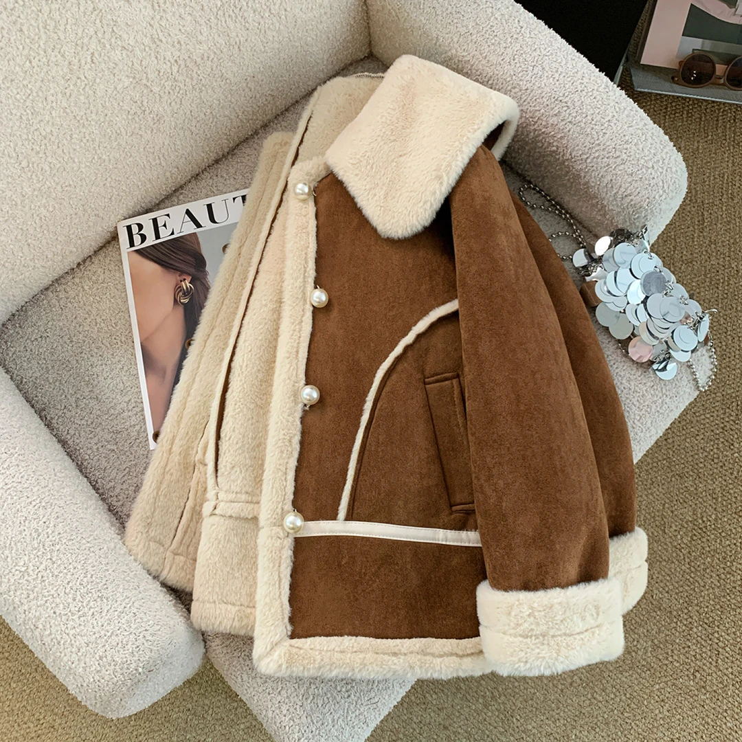咖色小香风仿羊羔毛外套女装冬季2025新款高级感皮毛一体加厚大衣
