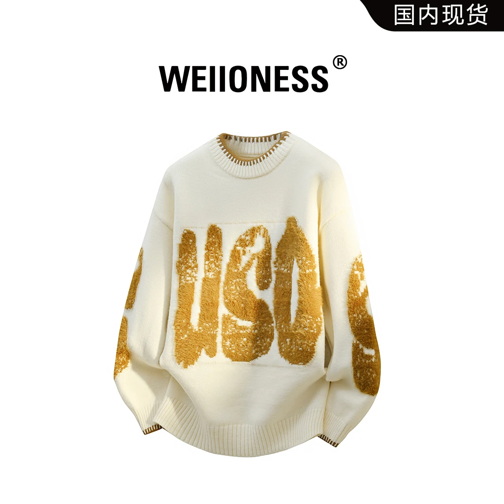 WEIIONESS韩版时尚圆领毛衣男款秋冬季潮流百搭高级感针织衫上衣