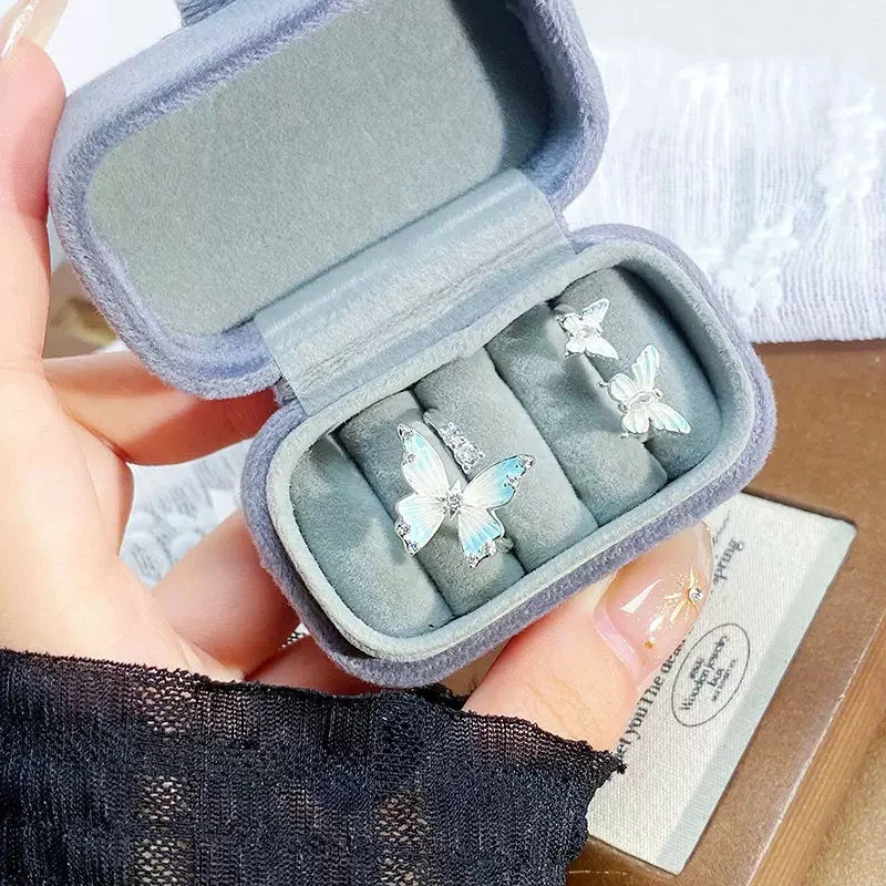 925银锆石戒指 蝴蝶珐琅小清新渐变蝴蝶指环甜美可调节女士戒指