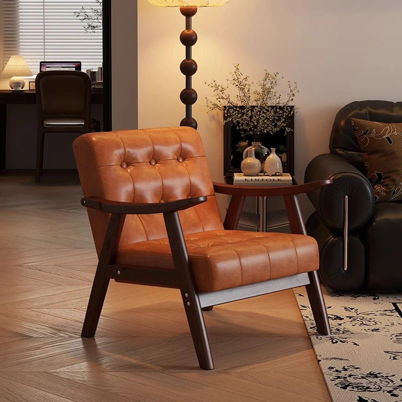 美物俪家单人沙发椅复古餐厅咖啡店椅子客厅中古风实木单椅休闲椅