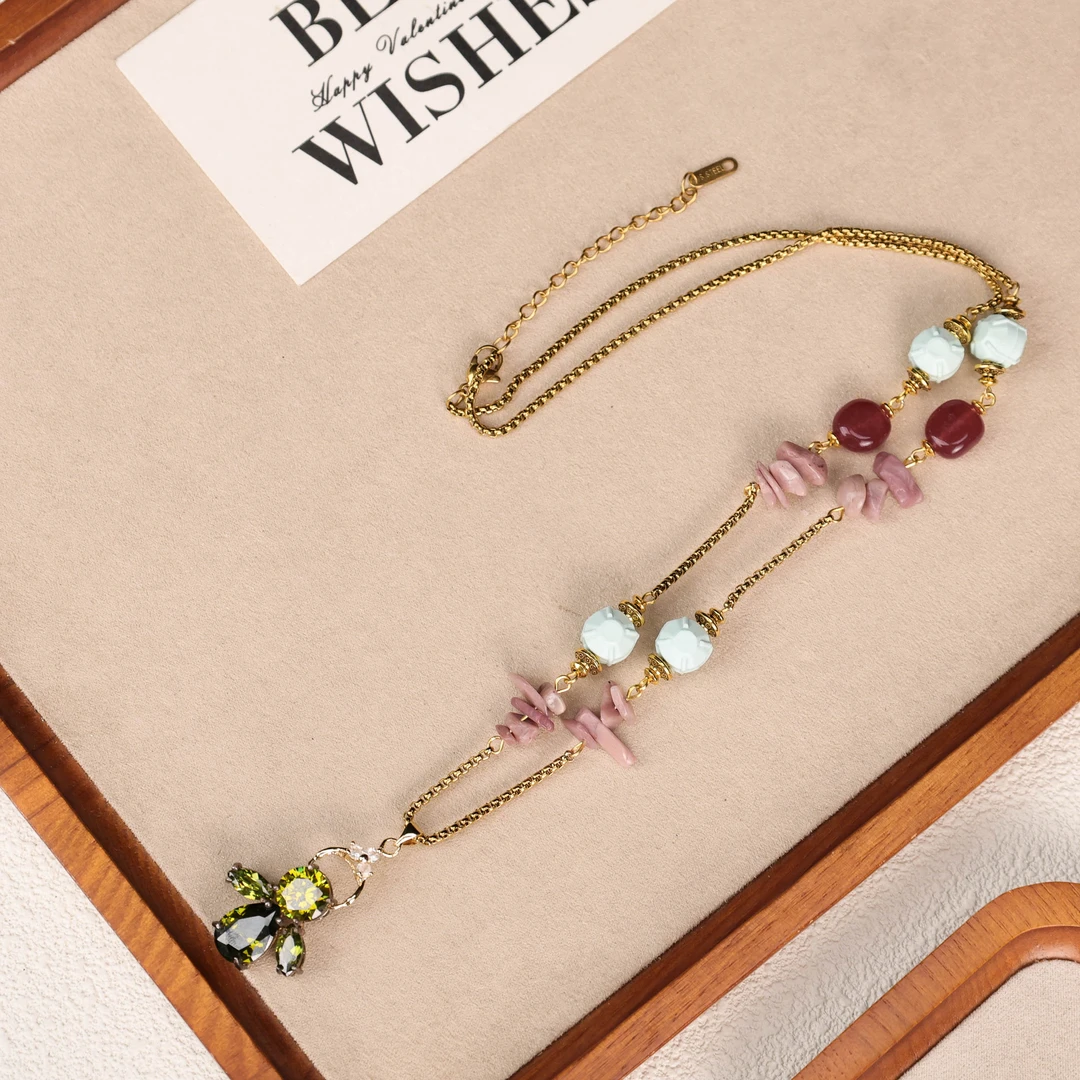 合金项链 LZ3945中古改款复古粉色不规则蓝色乳胶绿色施华洛项链