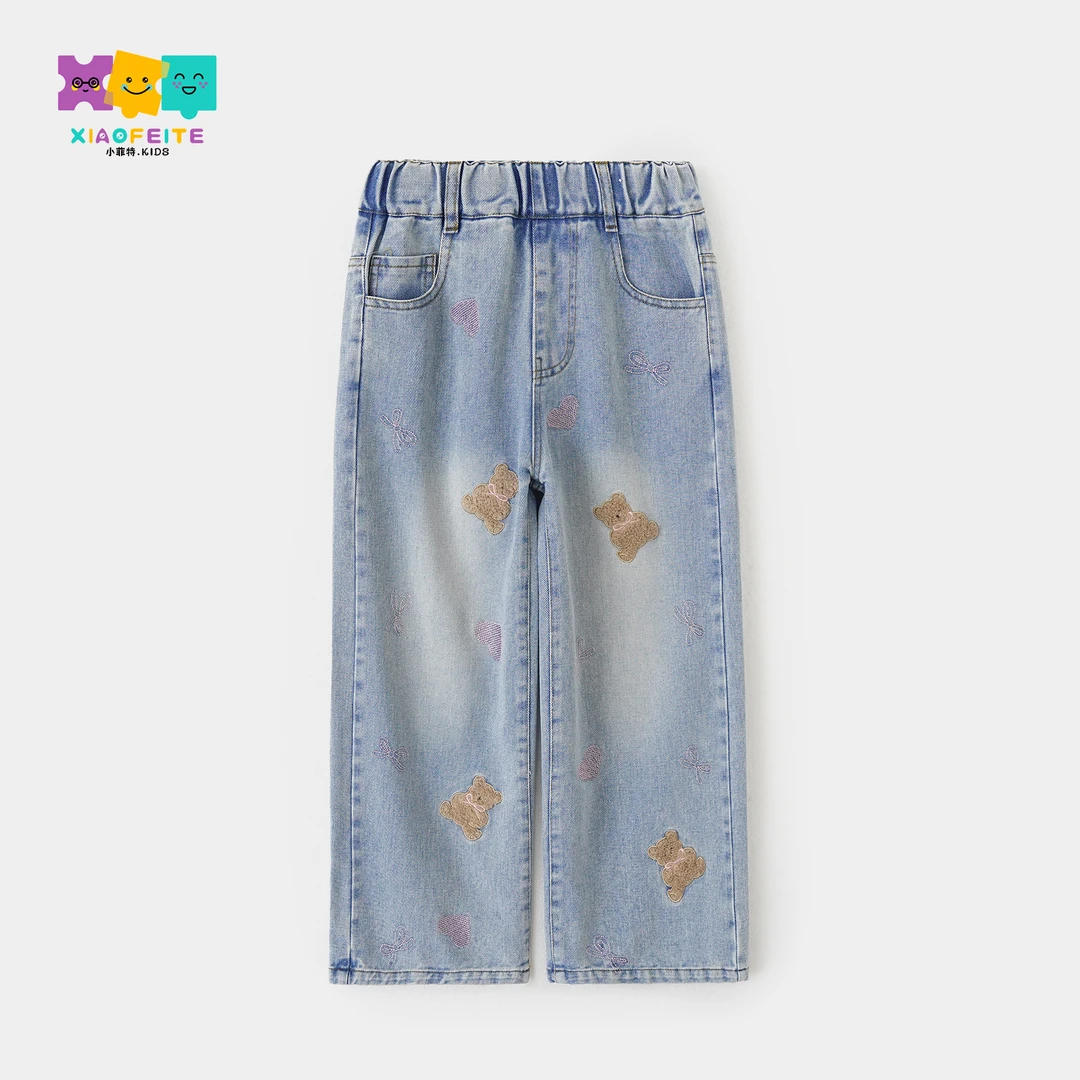 【姗姗】卡通刺绣水洗牛仔裤女童春季中大童儿童直筒裤HNKC50404