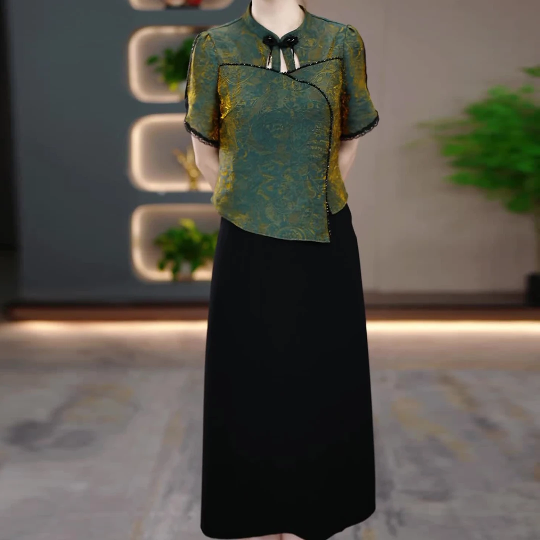 假两件连衣裙高端双丝皱新中式复古时尚显瘦气质中长款裙子