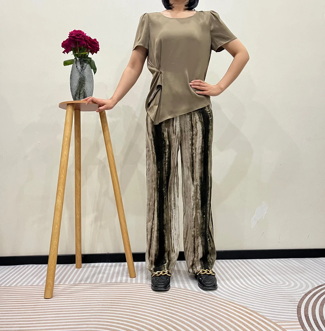 夏季时尚收腰圆领短袖复古晕染阔腿裤气质两件套