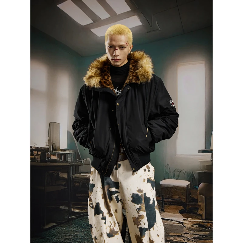 无人孤岛 豹纹拼接毛毛连帽座山雕夹棉外套夹克棉服宽松百搭上衣