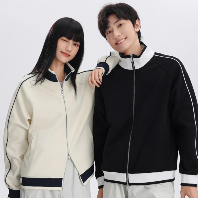 美式双拉链夹克秋冬新款百搭宽松休闲卫衣外套撞色立领针织情侣装