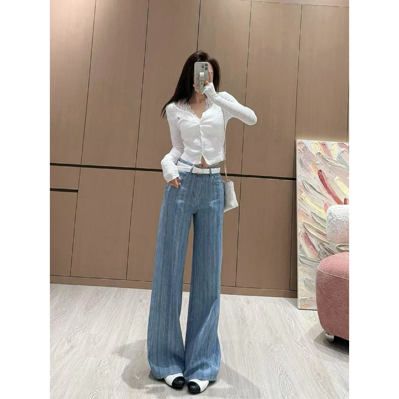 【LJ】【YY】香家新款竖纹烫钻阔腿牛仔裤