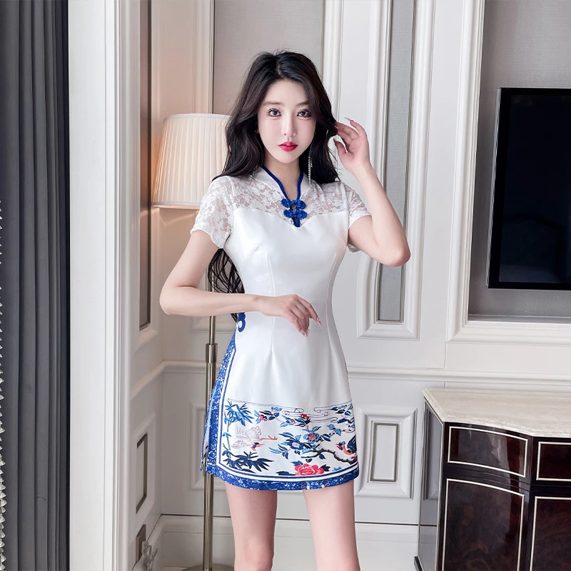 显瘦旗袍春夏中国风少女针织植物花卉性感风夏装气质