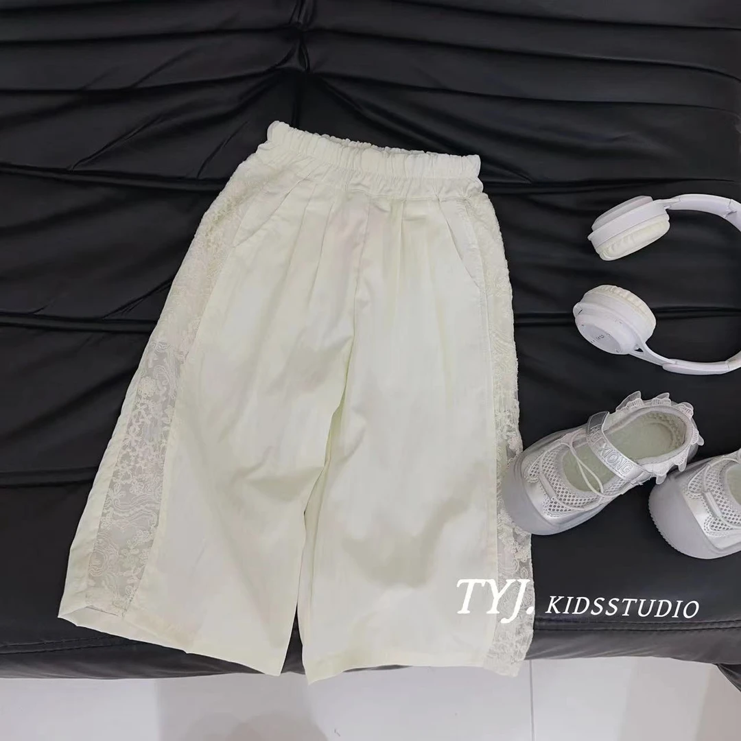 【蕾丝奶芙裤】汤圆家童装2025夏季新款韩系蕾丝拼接阔腿裤 YA-2306