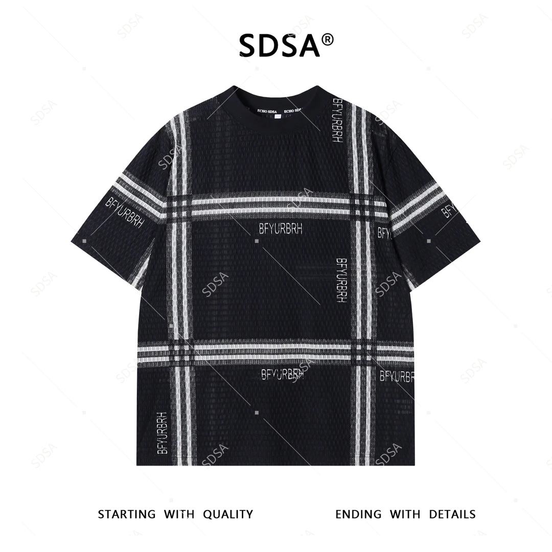 SDSA夏季新款男士痞帅潮牌撞色格纹设计圆领短袖T恤立体百搭时尚