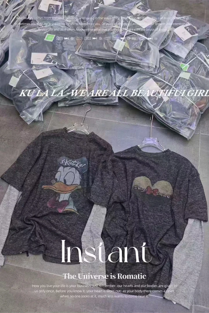 2025新款欧货高品质双面卡通印花袖子拼接假两件大码T恤1310