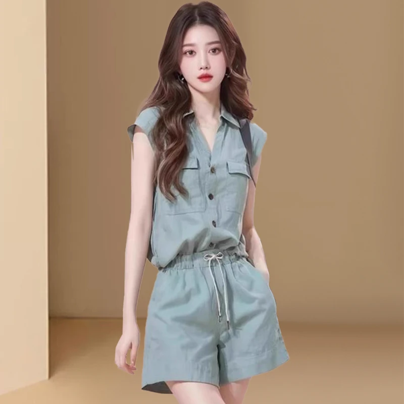 减龄搭配一整套夏装女装又a又飒套装蓝色简约衬衫短裤时尚两件套