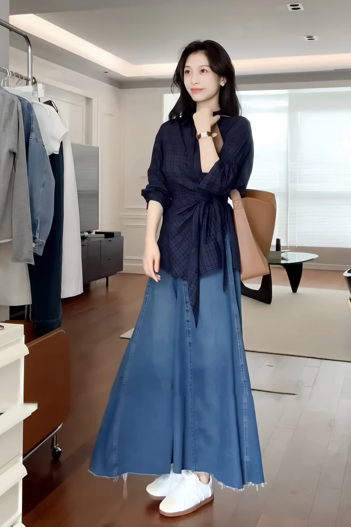 早初秋微胖mm套装绑带收腰格纹polo领衬衫长袖上衣牛仔长裙二件套