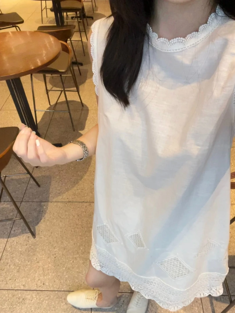 FAR ZOOM 花边领刺绣背心裙夏装减龄镂空无袖连衣裙