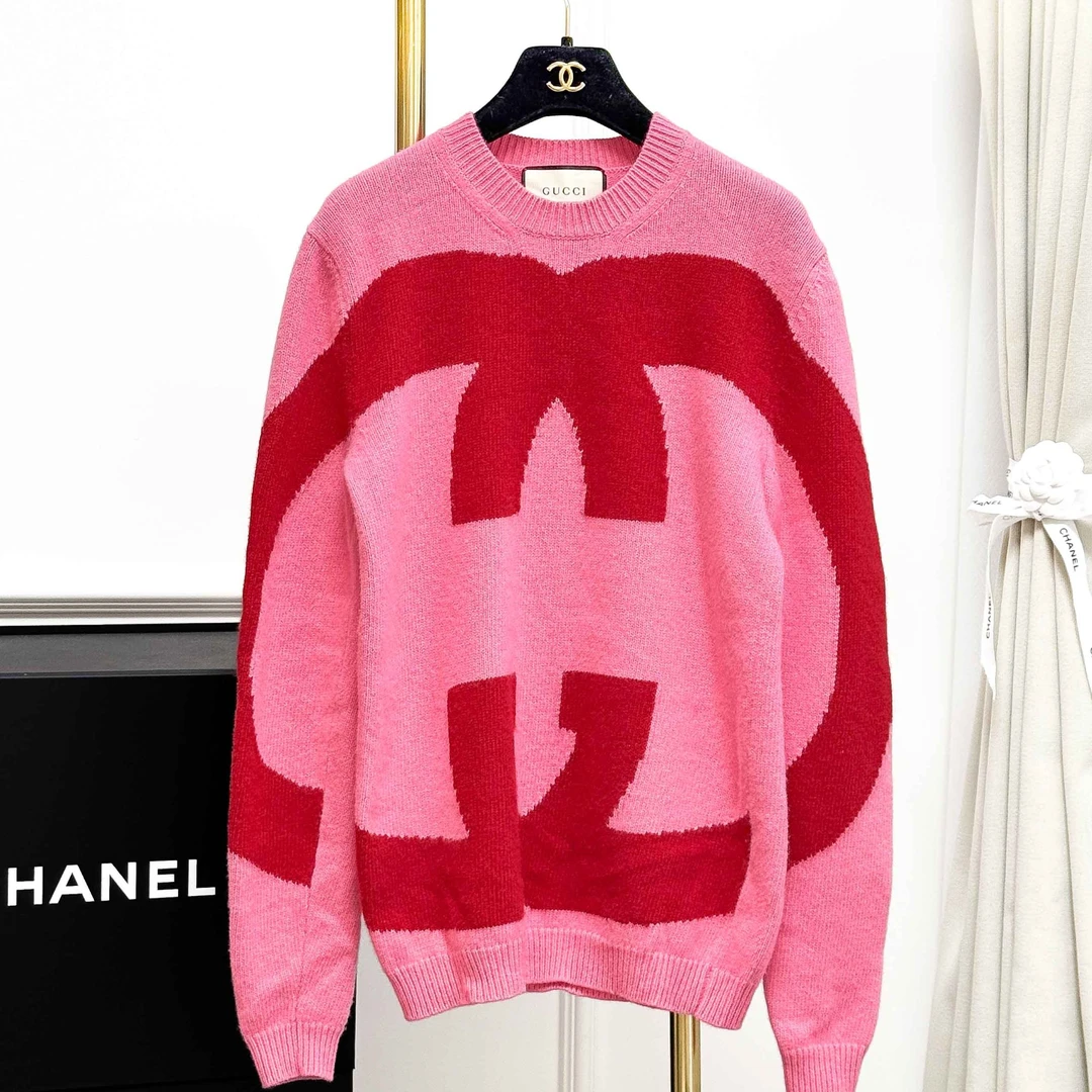 99新 GUCCI/古驰  XXS码桃粉色拼红色双G大logo毛衣