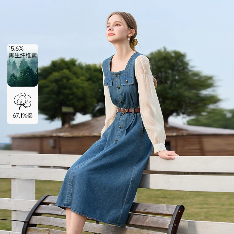 【直播专享】Q651653连衣裙 香影假两件方领牛仔连衣裙女新款复