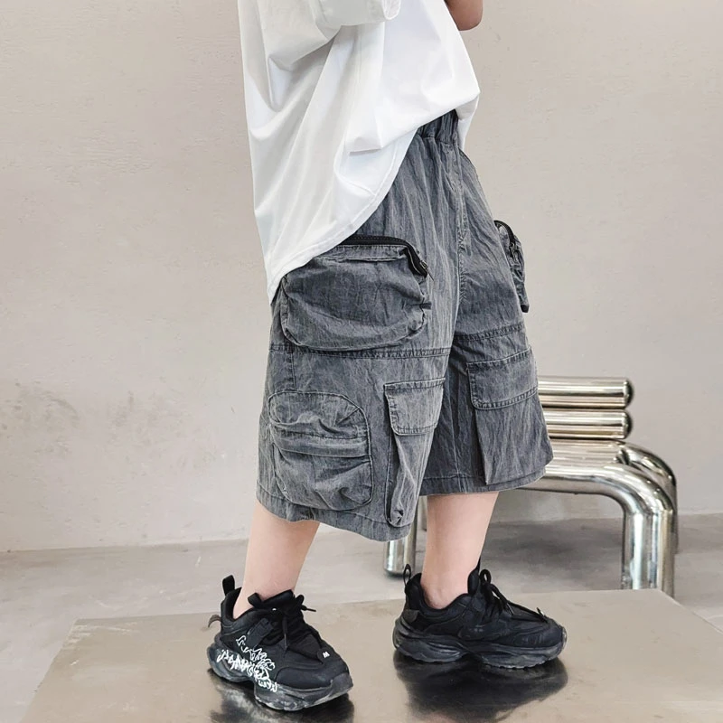 儿童仿牛仔工装短裤男童夏季休闲五分裤男孩中大童泥染S7612