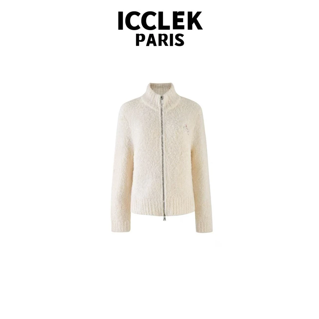 ICC 白色立领刺绣长袖针织衫 气质 轻奢 名媛 -7002