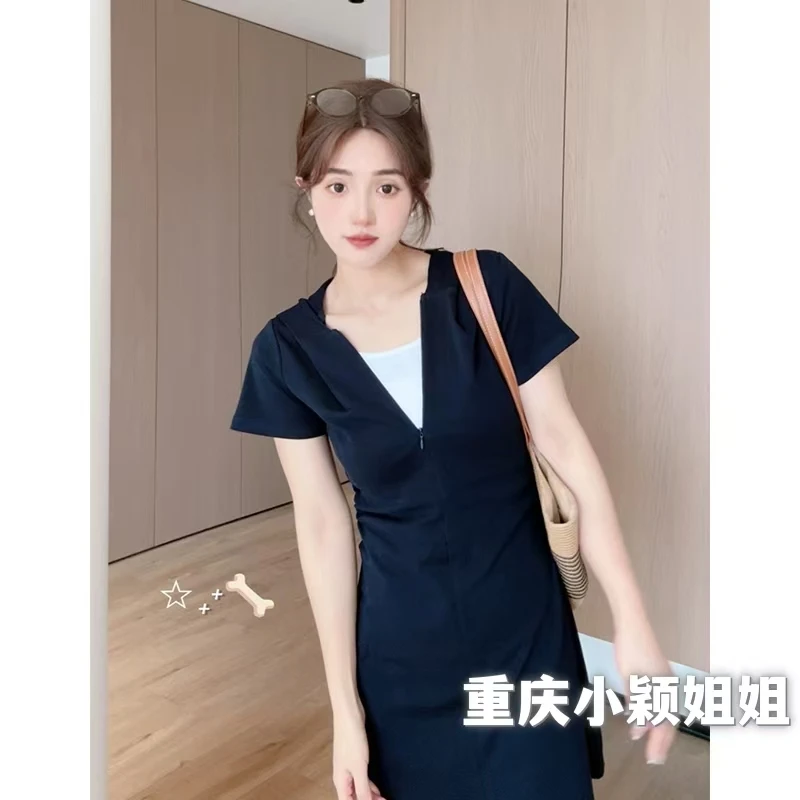 【欢点点】夏季撞色收腰拉链连衣裙显瘦修身假两件设计感长裙