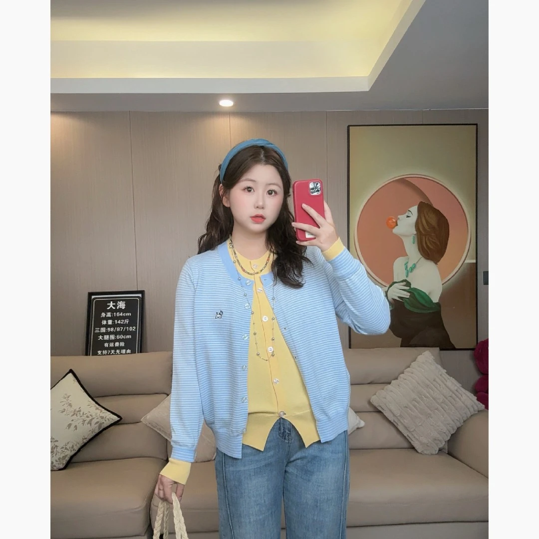 假两件女装西高地撞色条纹保暖开衫针织毛衣休闲2602