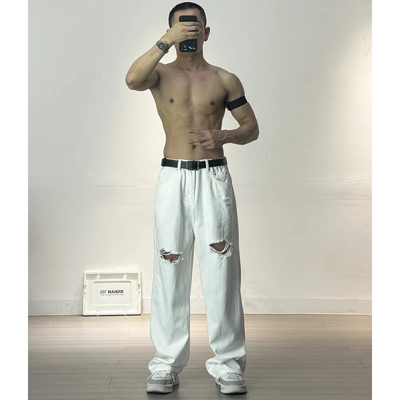美式高街潮牌破洞牛仔裤男直筒宽松白色牛仔裤阔腿裤cleanfit长裤